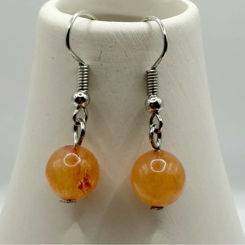 Orange Bead Dangle Earrings | Lightweight Round Drop Silver Hook